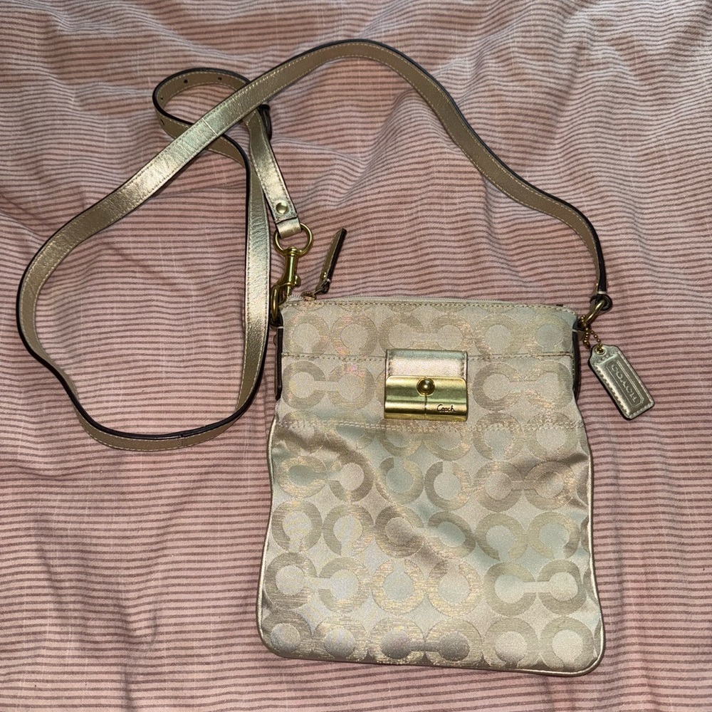 Coach Cream Crossbody Bag with Gold Hardware and Monogram Pattern
